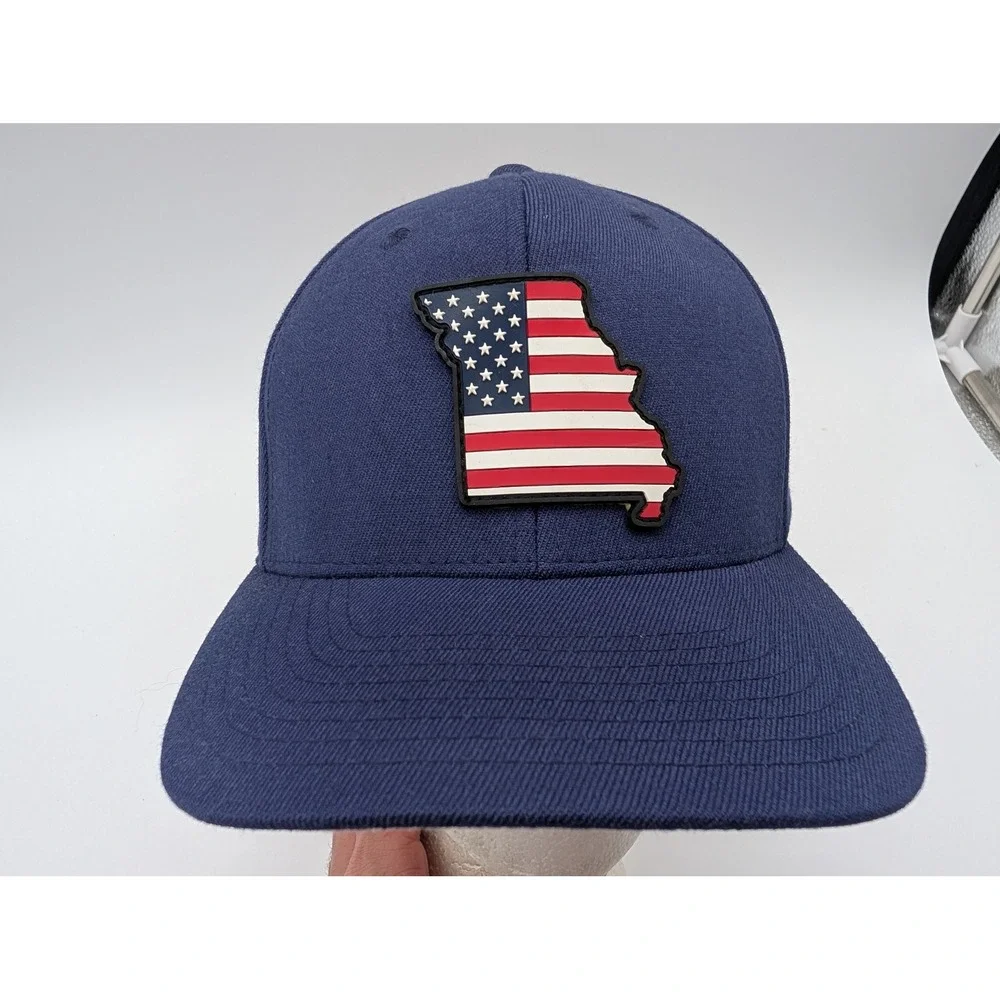 Branded Bills Missouri American Flag Patch Flexfit Hat Navy Blue Style 400 S-M